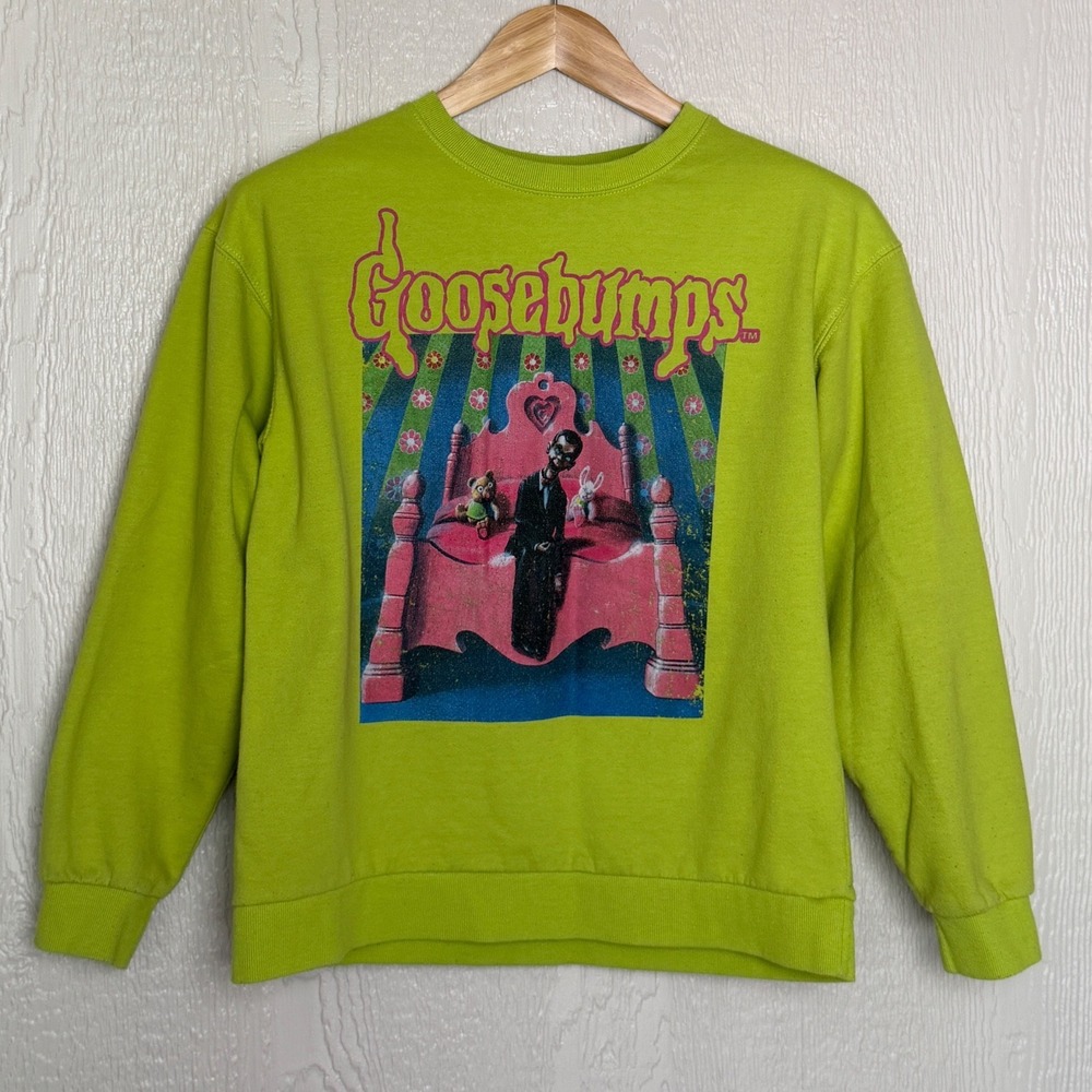 Goosebumps Slappy the Dummy Graphic Sweatshirt Mens Medium Lime Green Crewneck